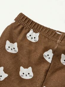 Cozy Pixies 2pcs Baby Girls Cute Cat Print Thickened Crew Neck Sweatshirt And Pants Set - Brown - View 5