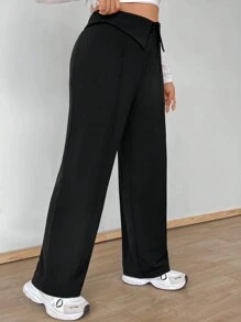 Celure Plus Size Versatile Solid Color Fold-Over Waistband Tapered Pants - Black - View 3