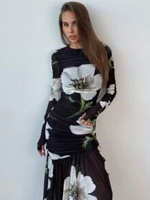 Aloruh Váy xếp ly in hoa thanh lịch, Xuân-Thu - màu đen - Xem 6