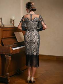 LVNES 1920s Women's Short Sleeves V Neck Flapper Dress, 20s Sequin Dresses, Great Gatsby Cocktail Party Women's Fancy Dress Costume Dress Wedding Guest Dress