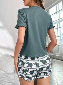 大象印花短袖短裤睡衣套装 - 霧霾藍 - 查看 2