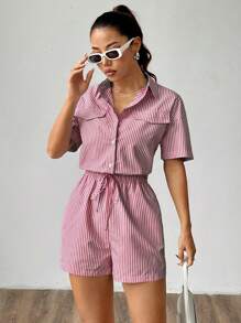 Flirla 1pc Summer Striped Waist Romper - Burgundy - View 3