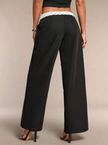 SHEIN BAE Women's Black Solid Color Waist Fold Lace Contrast Wide Leg Loose Elegant Casual Pants