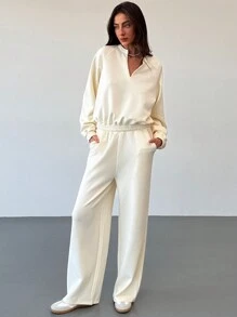 Aloruh Bộ 2 áo nỉ lót nhiệt ấm áp và quần ống đứng có dây rút, thu đông - trắng - Xem 2