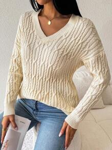 SHEIN LUNE Solid Color V-Neck Casual Knitted Sweater, Spring Autumn, Fall Winter - Apricot - View 5