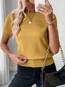 Uhlyne 女士纯色简约日常圆领短袖针织上衣 - 芥末黃 - 查看 7