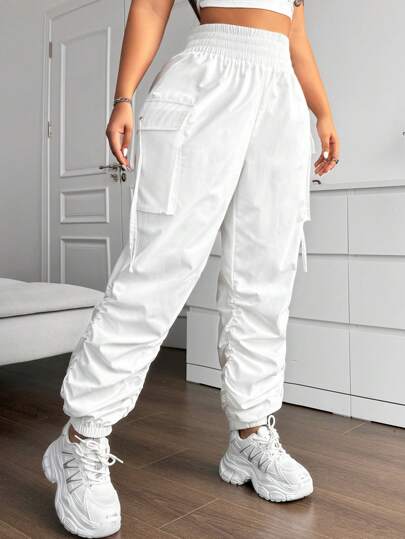 Flirla Plus Size High Waisted Elastic Waist Side Pocket Streetwear Pleated Pants