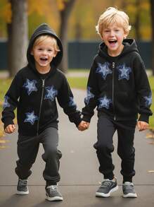 SHEIN 1件男童星形印花连帽休闲卫衣，可与兄弟姐妹搭配（2件单独出售） - 黑色 - 查看 1