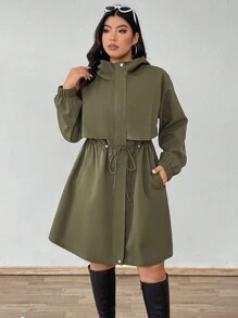 Flirla Áo khoác dài tay đơn giản màu trơn cỡ lớn cho nữ - xanh quân đội - Xem 5