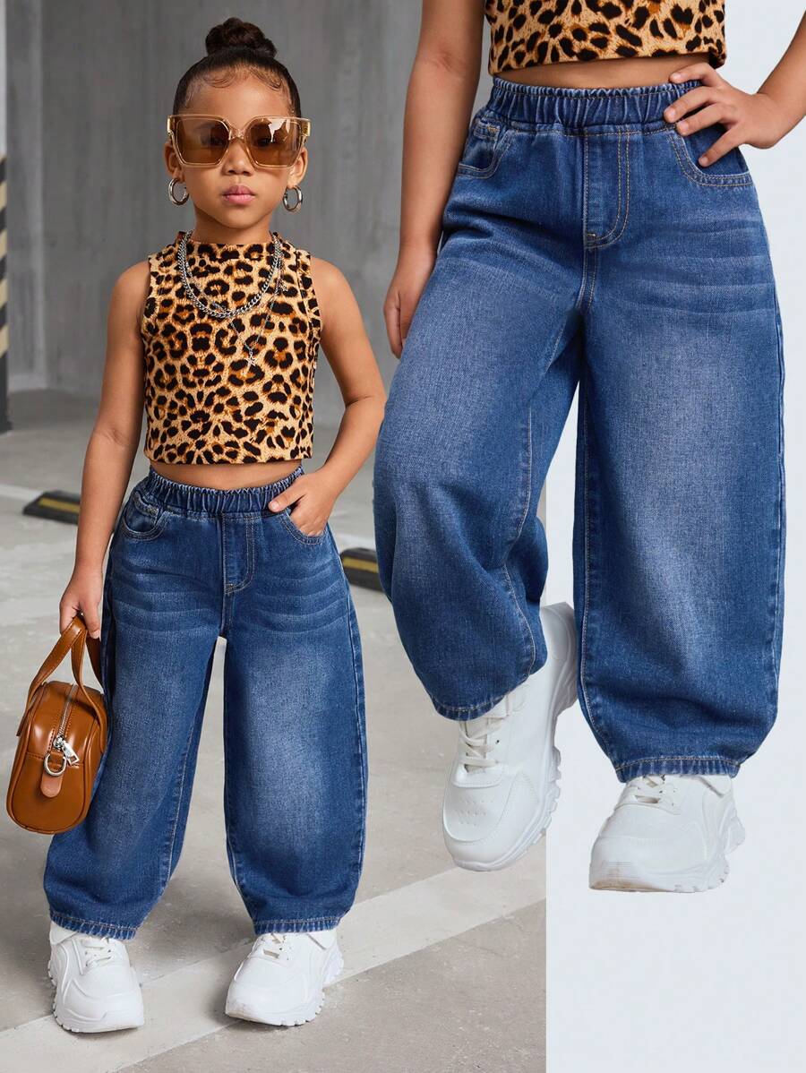 SHEIN 年轻女孩 Y2K 宽松蓝色牛仔阔腿裤，街头时尚酷炫薄款牛仔裤 - 深色水洗藍 - 查看 1