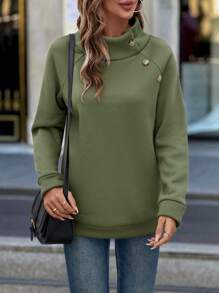 EMERY ROSE Stand Collar Button Details Raglan Sleeve Sweatshirt Warm,Long Sleeve Tops - Army Green - View 4