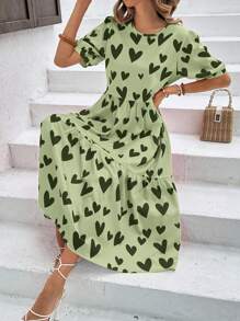 Breezaya Heart Print Loose Crew Neck Short Sleeve Casual Dress