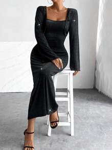 Chiquease Set de 2 piezas: Vestido de tirantes negro sexy y elegante versátil para fiestas y uso casual + Chaqueta - Negro - Ver 6
