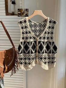 Comfortcana Women's Casual Diamond Pattern Knitted Cardigan Vest