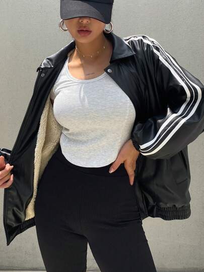 DAZY 女士宽松长袖 PU 领拼布丝带夹克，秋季女装