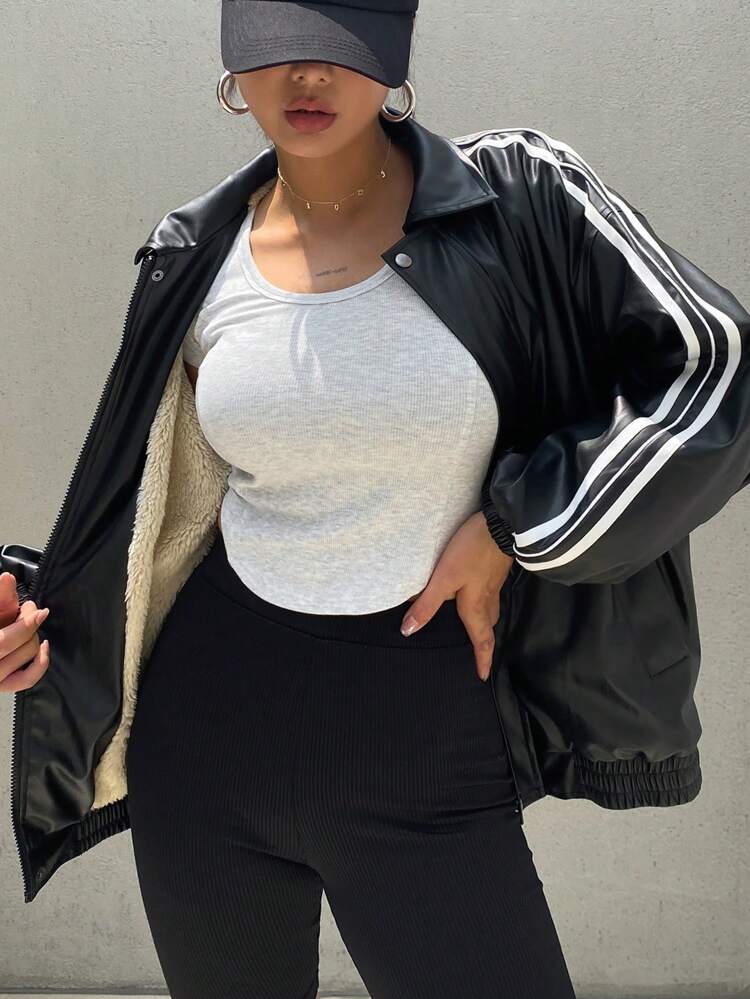 Women Loose Long Sleeve PU Collar Patchwork Ribbon Jacket,Fall Women Clothes