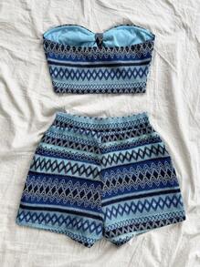 Soleia 2pcs Women Vacation Tied Bustier & High Waist Textured Shorts Set - Multicolor - View 2