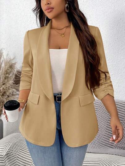 SHEIN LUNE Plus Size Solid Color Shawl Neck Mid-Length Sleeve Faux Pocket Minimalist Casual Blazer In Fall/Winter