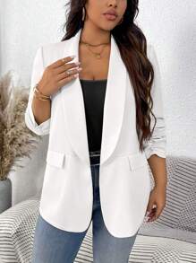 SHEIN LUNE Áo khoác blazer dáng rộng màu trơn cổ tròn tay dài vừa phải có túi giả phong cách tối giản thường ngày cho mùa thu/đông - trắng - Xem 8
