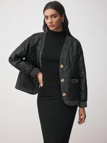 BizChic Abrigo acolchado sobretallado de pana negra, uso casual elegante para mujer, apropiado para vacaciones, Acción de Gracias, Año Nuevo - Negro - Ver 1