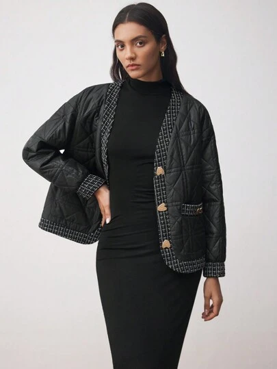 BizChic 黑色绗缝拼布超大号夹棉大衣，优雅女士休闲装，适合节日、感恩节、新年，