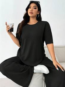 Solflare Plus Size Plain Round Neck Short Sleeve Casual Top And Pants Set