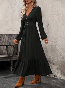 EMERY ROSE Đầm suông tay đèn lồng cổ chữ V màu trơn thanh lịch cho nữ, Xuân/Hè - màu đen - Xem 4