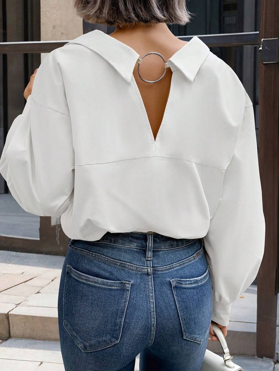 Calvaya Plus Size Solid Color Single Breasted Casual Daily Long Sleeve Shirt Fall Cloth For Women - White - View 1