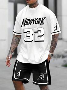 Manfinity Homme Plus Size Men's Minimalist Printed Crew Neck Short Sleeve Shorts Set