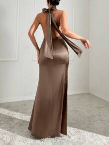 EURMUSE Vacation Sexy Backless High Slit Halter Dress - Bronze - View 6