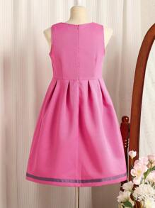 Girls' Pink Elegant Sleeveless Collared Long Skirt Casual Fit-And-Flare Dress Suitable For Fall/Winter Occasions Such As School, Parties, Outings - Pink - View 2
