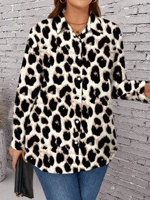 SHEIN LUNE 大码女式休闲豹纹宽松长袖翻领纽扣衬衫，秋冬 - 卡其色 - 查看 6