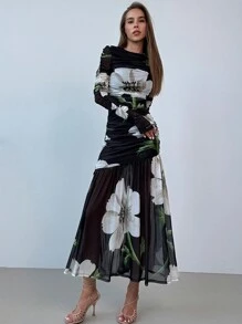 Aloruh Váy xếp ly in hoa thanh lịch, Xuân-Thu - màu đen - Xem 3