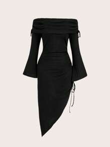 Flirla Vestido de hombros descubiertos de un solo color con bajo asimétrico para tallas grandes - Negro - Ver 4