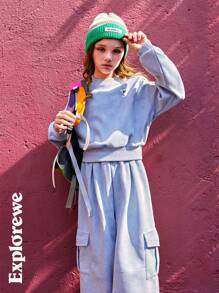 SHEIN 2 件套休闲幼儿女孩扎染图案长袖套头衫和裤子套装，户外休闲风格 - 藍色 - 查看 4