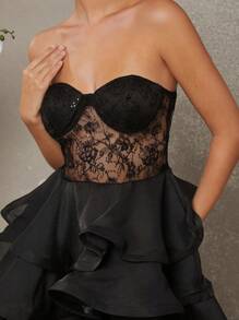 L'Amorae 亮片节日派对分层欧根纱迷你连衣裙，圣诞服装女士 - 黑色 - 查看 8