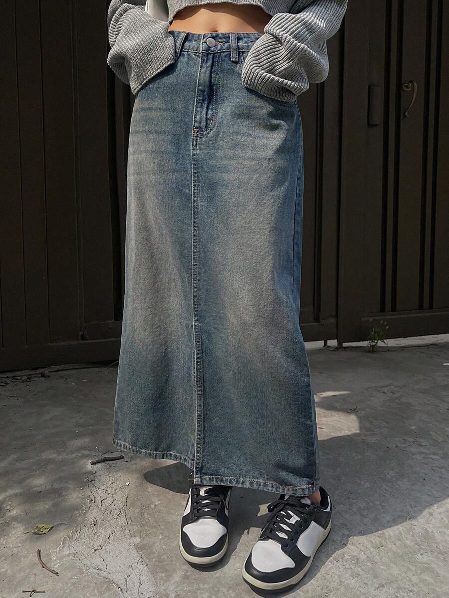 DAZY Women's Washed Faded Denim Skirt - Medium Wash - View 1