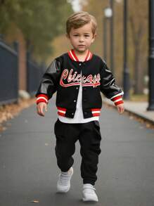 Áo khoác bóng chày giả da in chữ, kẻ sọc phong cách đường phố Mỹ thời trang cho bé trai kết hợp với quần chạy bộ màu đen, phù hợp cho mùa thu đông - màu đen - Xem 1