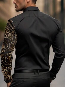 Manfinity AFTRDRK Men's Geometric Print Long Sleeve Casual Shirt, Spring & Autumn, Black And Gold Shirts, For Fall