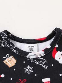 SHEIN 2 件装男婴舒适圣诞老人卡通印花长袖上衣和裤子睡衣套装 - 黑色 - 查看 5