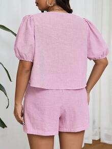 SHEIN Frenchy 大码条纹衬衫和短裤套装大码条纹休闲大码女士夏季两件套，宽松，短袖衬衫和短裤，轻松别致的度假套装，格子衬衫和格子短裤，领带，7 月 4 日 - 玫紅色 - 查看 2