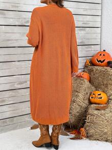 大码女式纯色长袖前开式休闲秋季开衫，秋冬款 - 亮橙色 - 查看 2