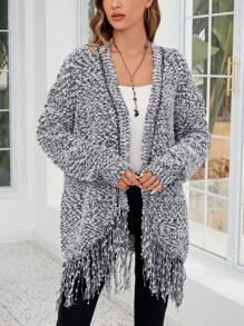 EMERY ROSE Woman Long Sleeve Floral Cardigan With Fringe Hem - Black and White - View 4