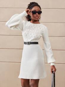 Teen Girl's Knitted Sweater Dress,Green And White,Autumn,Elegant,Formal,Form-Fitting Waistline 3D Floral Patterns,Soft Cozy Long Sleeve Fall Winter - White - View 3