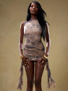 MUSERA 性感褶皱荷叶边网纱连衣裙，适合伊比沙岛，波西米亚风，春季度假夏季节日薄纱 - 彩色 - 查看 3