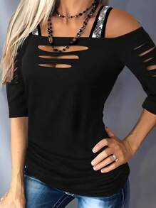EMERY ROSE Sexy Cutout Shoulder Rhinestone Bodycon Short Sleeve Top, Fashionable Women T-Shirt, Autumn Black Top - Black - View 1