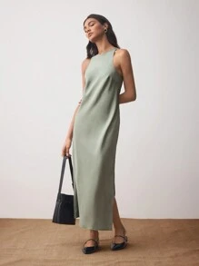 BizChic Váy xẻ tà không tay mùa hè giản dị cho nữ Trang phục mùa thu cho nữ - Xám - Xem 1