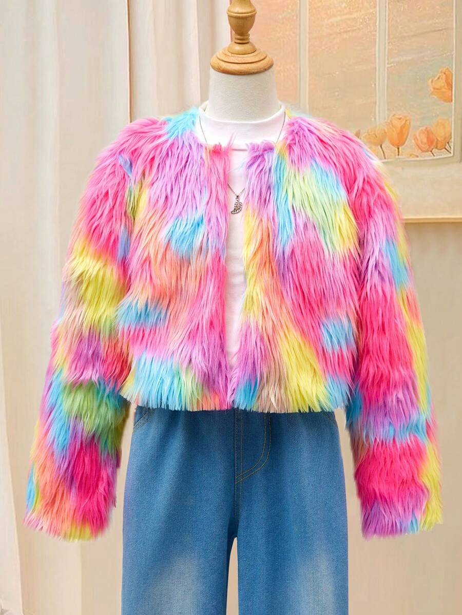 SHEIN Oversized Tween Girls Colorful Fluffy Fluffy Winter Warm Party Coat - Multicolor - View 1