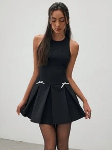 Aloruh Women Solid Color Bow Decor Pleated Mini Dress For Work