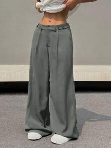 Muchica 女士纯色简约日常长裤 - 灰色 - 查看 4